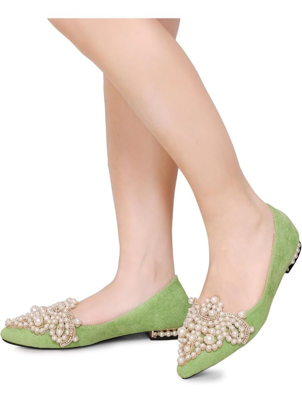 〽️Women's Green Slip On Low Heel Bling Rhinestone Pointed Comfort Flats Shoes - Picture 3 of 6